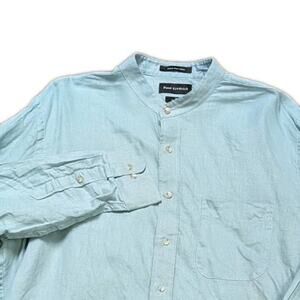 Paul Fredrick 100% Linen Teal L/S Button Down Shirt Band Collar XL